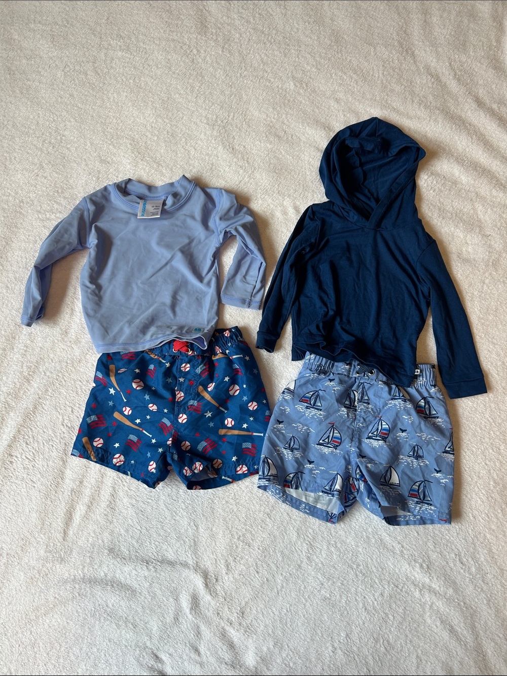 Kids Navy Hooded Swim Top and Light Blue Rash Guard Set with Blue Swim Shorts